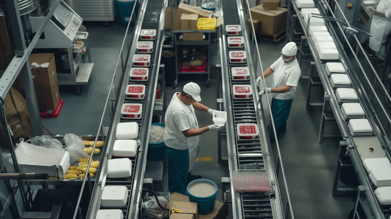 food processing plant with conveyor belts machines and workers packaging